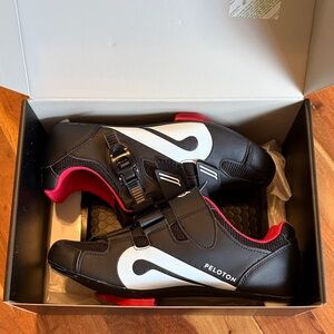 Peloton Black Cycling Shoes with White Logos and Red Accents, size 9/9.5